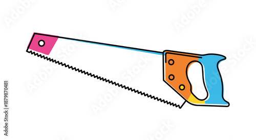 Colorful hand saw for woodworking shown in a playful flat design with pink, orange, yellow, and blue accents on white background.