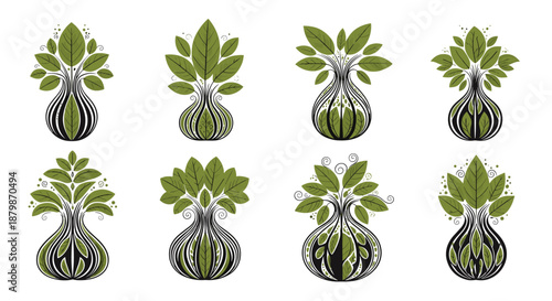 Set of eight stylized ornamental green plants in patterned vases, perfect for interior decoration, botany, and creative home design.