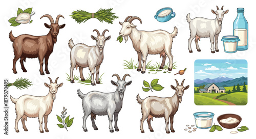 Large collection of goats and goat milk products including various cheeses, milk bottles, and a scenic mountain farm landscape view.
