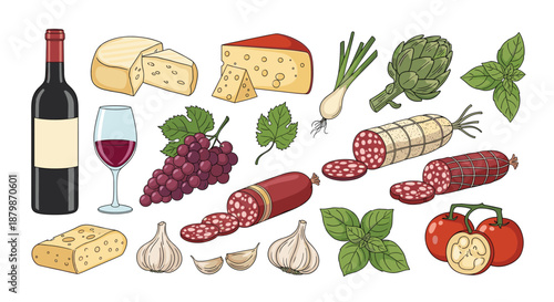 Assortment of classic Italian food items including red wine cheese wheels bunches of grapes salami sausages and aromatic fresh herbs.