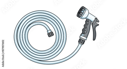 Coiled light blue garden hose equipped with a multi function spray nozzle for watering plants and performing outdoor cleaning tasks.