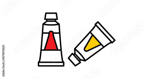 Two tubes of artist paint one red and one yellow standing together on a white background representing art supplies and creative tools.