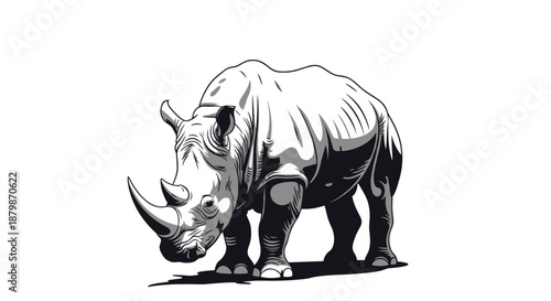 Powerful black and white graphic illustration of a large rhinoceros standing firmly on a white background with strong shadows.