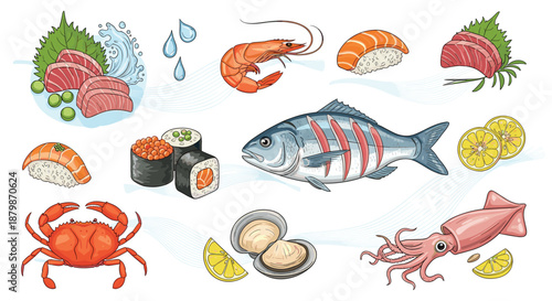 Vibrant assortment of seafood and sushi dishes including salmon nigiri maki rolls fresh fish crab shrimp and scallops for culinary themes.