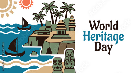 Vibrant island landscape celebrating World Heritage Day with tropical palm trees