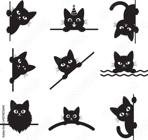 Set of Cute Black Cat Silhouettes Peeking and Hiding, Minimalist Vector Style Kittens Poking Heads Out From Borders and Corners