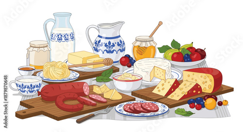 Abundant feast table covered with dairy products various cheeses sausages fresh fruits honey and milk in decorative ceramic jugs.