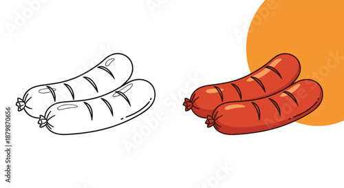 Set of two grilled sausages shown in a black and white outline and a fully colored version perfect for food and cooking illustrations.