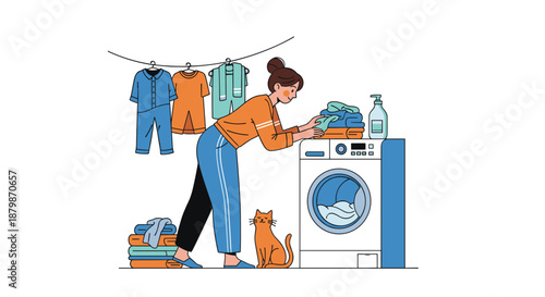 Busy woman in her kitchen doing laundry by placing clothes into a washing machine while her ginger cat watches from the floor.