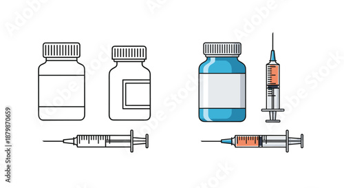 Medical equipment set featuring medicine bottles and syringes shown in both black and white outlines and colored versions for healthcare.