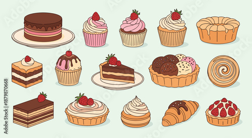 Mouth watering selection of various desserts including chocolate cake frosted cupcakes fruit tarts a croissant and a sweet roll.