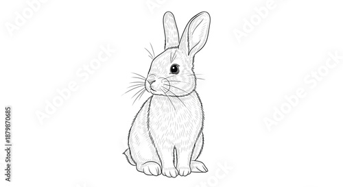 Fine pencil drawing style illustration of a small rabbit sitting alertly with long ears and delicate whiskers on a white background.