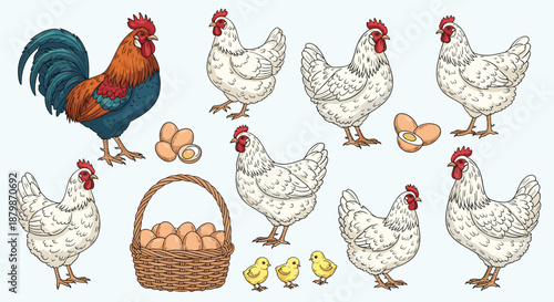 Large collection of chickens featuring a colorful rooster, hens, small chicks, and a wicker basket full of fresh brown farm eggs.