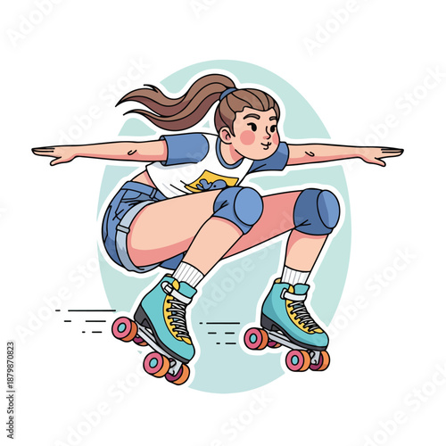 A young woman in a white and blue shirt, kneepads, and rollerblades is skating with her arms outstretched in a dynamic pose against a light blue oval background with motion lines.