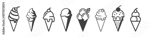 Black ice cream cone icon with cherry modern design.