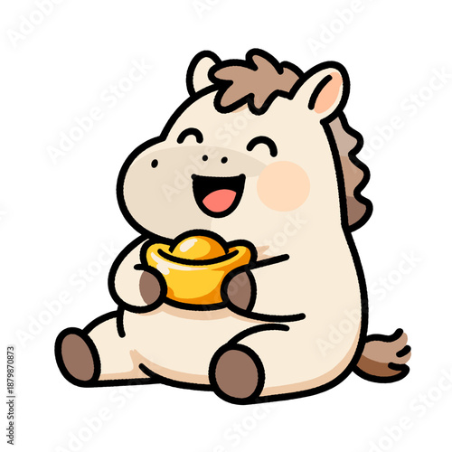 [Vector EPS]Cute cartoon horse holding golden ingot showing wealth and prosperity