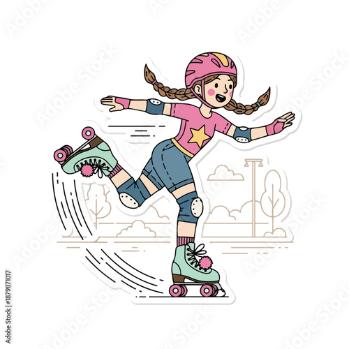 A cheerful young girl with braided hair wearing roller skates and protective gear skates quickly across a white background with a stylized desert landscape illustration.