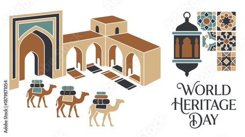 Vibrant cultural heritage scene with camels and ancient architecture