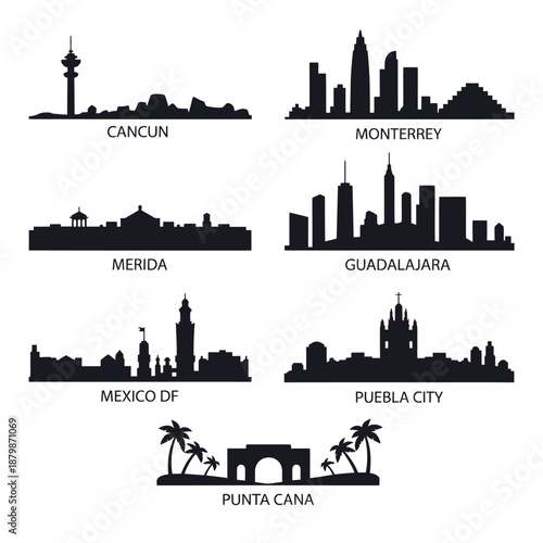 Silhouette skylines of major mexican cities and punta cana resort