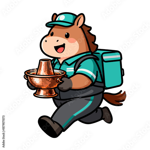 [Vector EPS]Cute horse character delivering a hot pot food delivery service