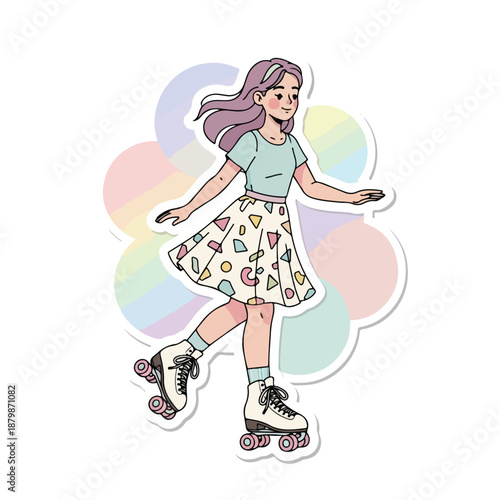 Illustration of a young woman rollerblading with pastel-colored wheels and background shapes.