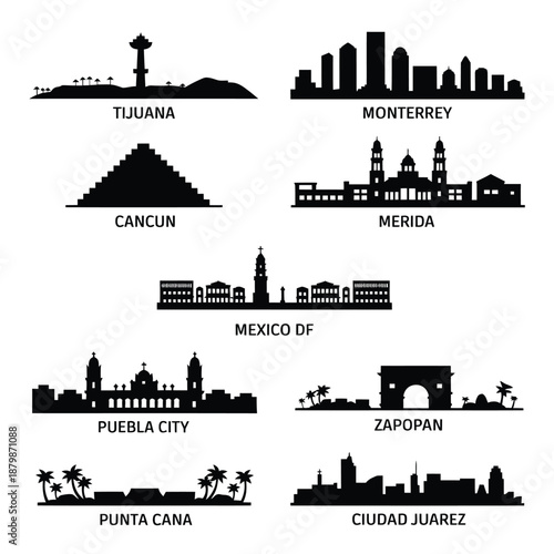 Silhouettes of famous mexican and caribbean city skylines and landmarks