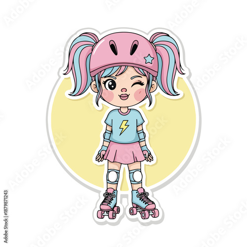 A cartoon illustration of a cheerful young girl wearing roller skates, knee pads, elbow pads, and a pink helmet with blue and pink hair, against a yellow circular background.