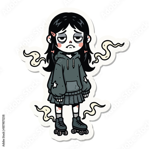 Illustration of a sad young girl with black hair wearing a gray hoodie and roller skates with a white background and smoke lines.