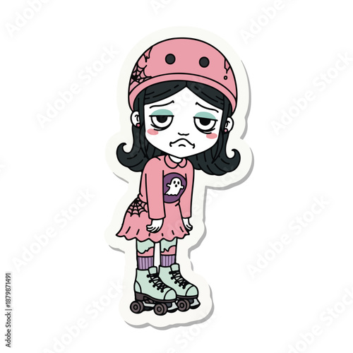 A cartoon girl with a frowning expression wearing a pink helmet and roller skates on a white background with a sticker cutout effect.
