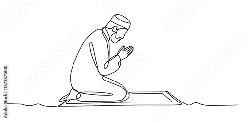 Continuous line drawing of a muslim man kneeling in prayer on a mat Vector, illustration