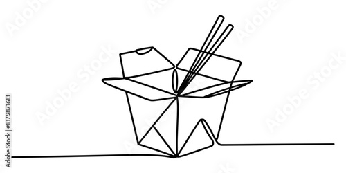 A single continuous line drawing of a chinese takeout food box with chopsticks Vector, illustration
