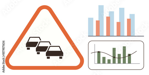 Transportation planning, traffic congestion, urban development, data visualization, analytics, road safety. Cars in a warning sign, bar and line charts. Traffic congestion and transportation planning