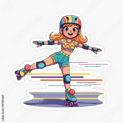 A cartoon illustration of a cheerful young girl rollerblading with protective gear on a colorful background with dynamic lines.