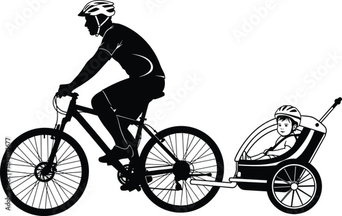 Father cycling with child trailer silhouette, family outdoor activity concept, safe parenting and recreation, black and white illustration, healthy lifestyle artwork