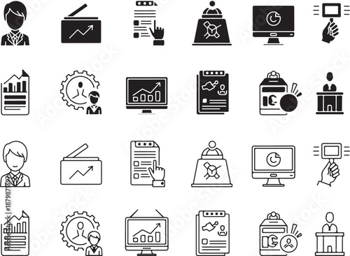 Startup and business line icon pack with symbols for innovation, strategy, pitch, funding, growth, team, vision and entrepreneurship, ideal for infographic design