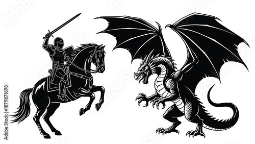 Epic medieval knight battling dragon illustration featuring fantasy combat scene, sword fight, mythical creature, and heroic warrior in detailed black silhouette style