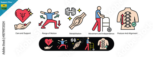 Physical therapy and rehabilitation exercises outline color icons collection set. Labeled elements with range of motion, independence care with correct posture and alignment support vector illustratio