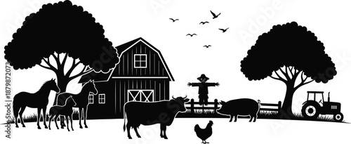 Farm silhouette landscape with barn, tractor, scarecrow, trees, and livestock animals in peaceful rural countryside scene rendered as clean black vector illustration