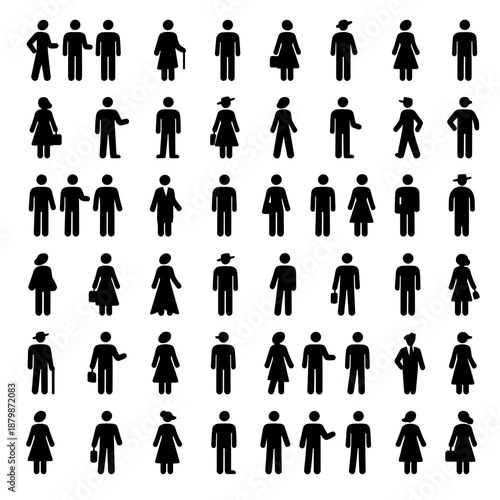 [Vector EPS]Diverse set of black human icons representing different genders and postures