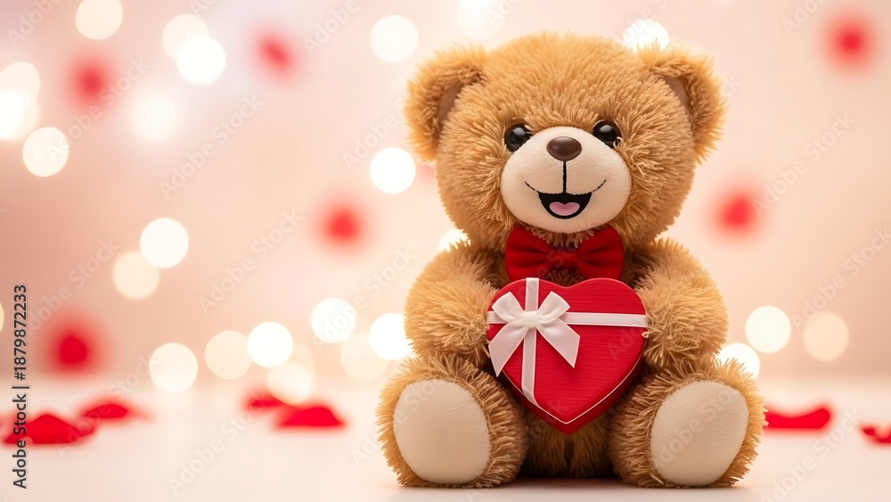 Fototapeta premium Teddy bear holding heart gift box with bow on valentine's day background with lights