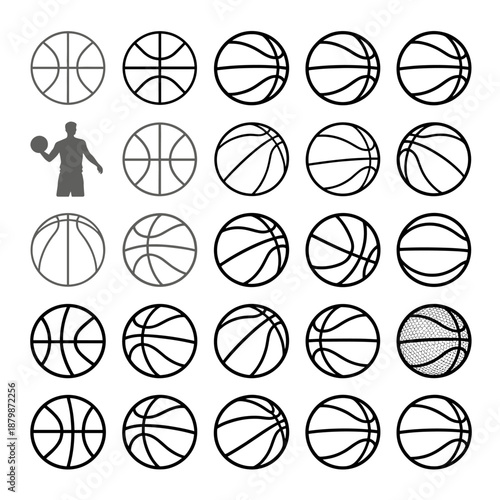 [Vector EPS]Collection of various basketball shapes and a player silhouette