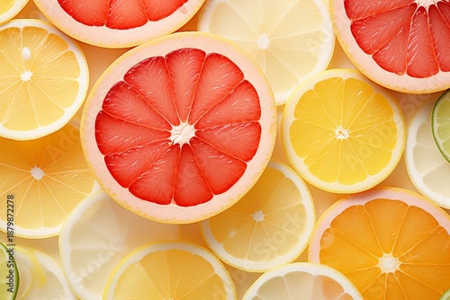 Vibrant citrus slices in vertical stripes on a light background  a bold and colorful flat lay design