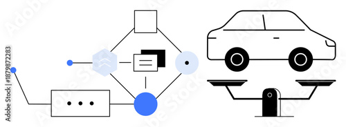Digital systems, automation, data processing, vehicle analysis, engineering, modern technology. Diagram of connected nodes and a car on a balance platform. Digital systems and vehicle analysis