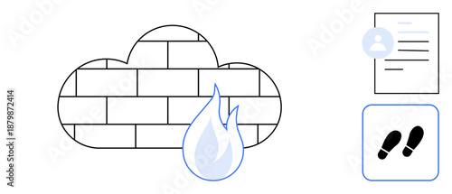 Cybersecurity, data protection, privacy management, cloud computing, identity verification, access control. Cloud firewall with flame, a document and footprints. Cybersecurity and data protection