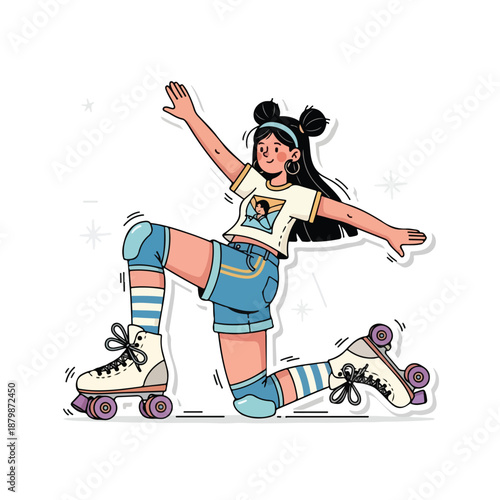 Cartoon illustration of a young woman rollerblading with one knee on the ground and arms outstretched on a white background with a playful mood.