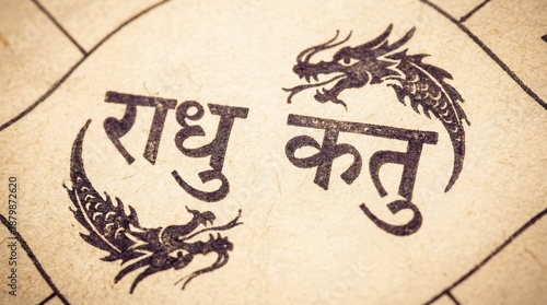 Ancient sanskrit inscription of rahu and ketu with dragon figures. Hindu astrology symbols as lunar nodes. Mystical vedic mythology and spiritual concepts illustration