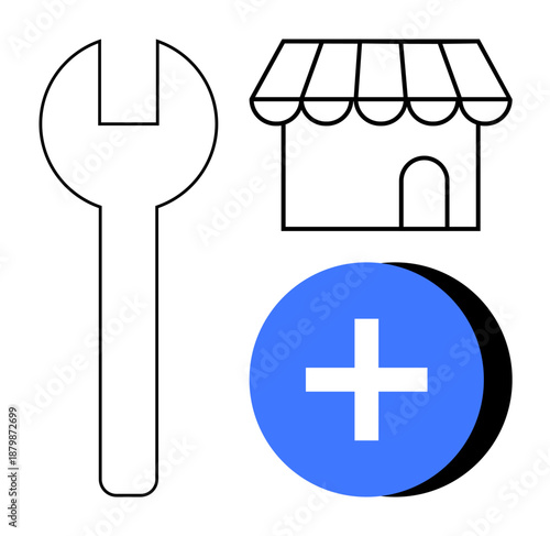 Business tools concept. Business symbols thumbs up a wrench, storefront, and plus icon tools for management, growth, and maintenance. Great for retail, entrepreneurship, marketing tools and repair