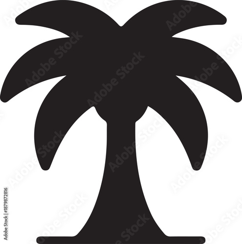 Palm tree silhouette tropical icon illustration, Black palm tree silhouette representing tropical climate, summer, vacation, and nature themes, ideal for travel, beach, and island concepts.

