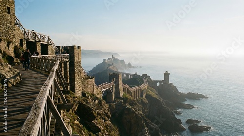 Fotografi Panoramic view of ancient stone fortress on coastal cliffs overlooking calm ocean