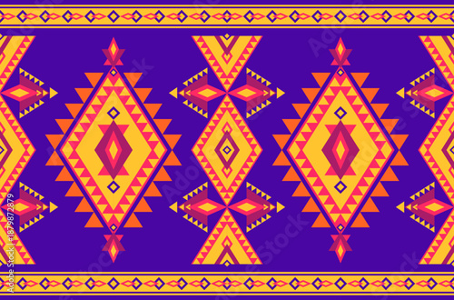 A vibrant, native ethnic fabric pattern featuring purple, orange, pink, and yellow colors, vector illustration.